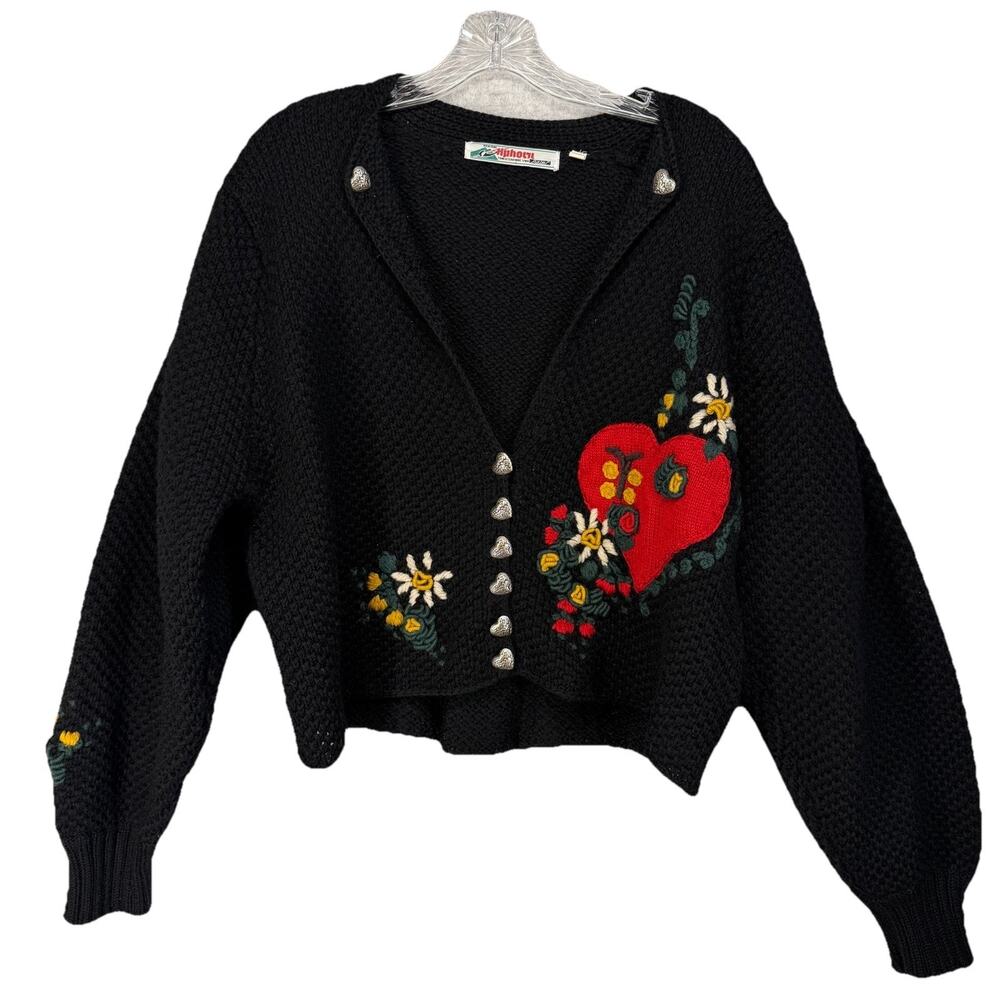 Alphorn Cardigan Womens 46 Black Wool Embroidered Floral Heart Vtg